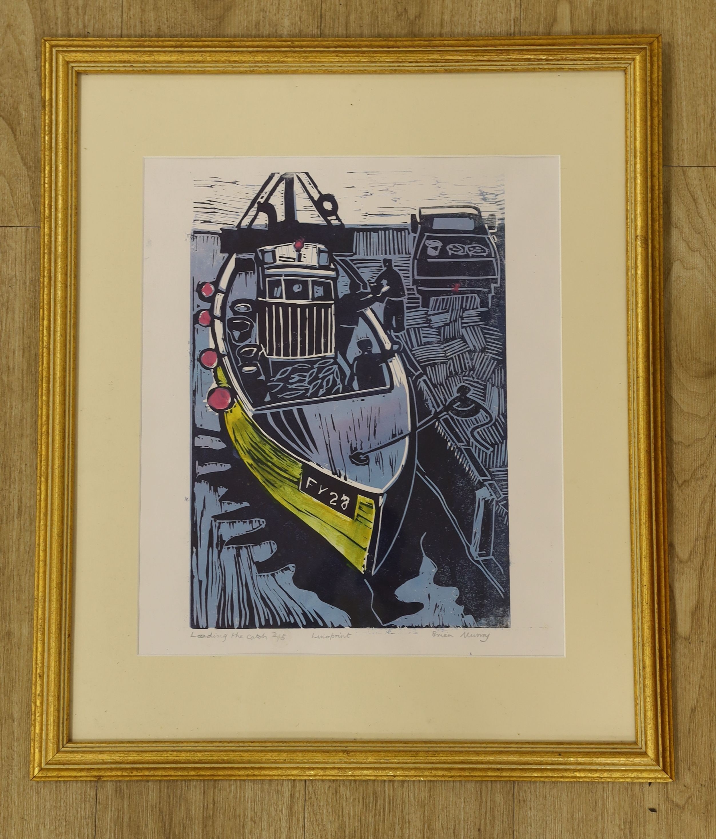 Brian Murray, linoprint, 'Landing the catch', signed, 2/5, 44 x 37cm